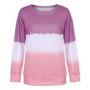 Detailed view of the women's tie-dye gradient long sleeve crewneck top showing vibrant colors.