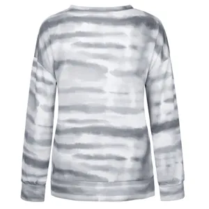 Close-up detail of grey and white tie dye gradient long sleeve crewneck sweatshirt fabric.