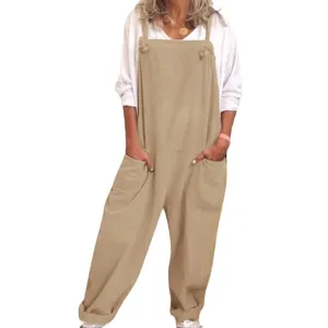 Women loose solid color overall jumpsuit with white long sleeve top main view display