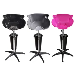 Portable adjustable hair washing basin with mobile stand and drain bucket for salon home.