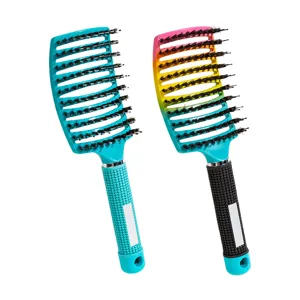 Curved vent hairbrush with boar bristles and massage pins for smooth and voluminous hair.