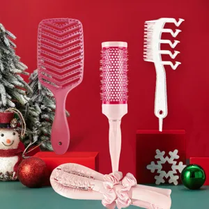 Christmas Gift Plastic Hair Brush Set Pink Satin Heatless Hair Curler Roller Massage Detangling Comb Set For Women Hair Styling