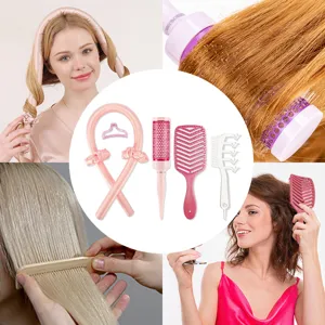 Heatless hair curler and styling brush set, home massage large curved comb and hair tool kit.