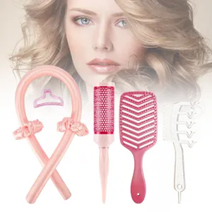 Heatless curling rod hair brush styling set for home hair care and everyday styling tools