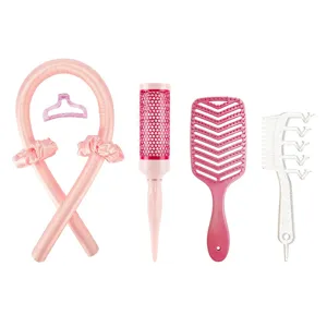 Heatless curling rod and hair brush styling set, professional home hair care tool collection.