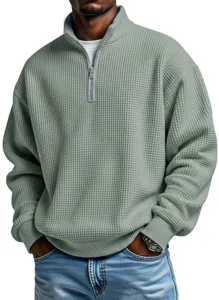 Felpa pullover da uomo verde salvia in maglia waffle con mezza zip top casual a maniche lunghe