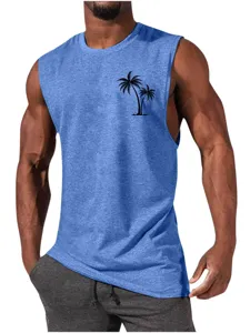 Men's Blue Sleeveless Tank Top Casual Fitness Workout Gym Shirt with Palm Tree Print