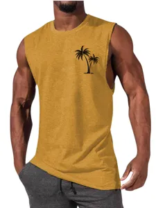 Men's mustard yellow sleeveless tank top with black palm tree print for summer gym workouts.