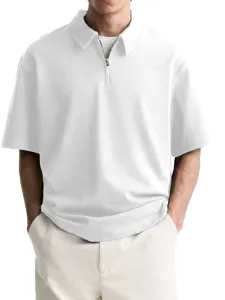 Men's white short sleeve zip polo shirt casual breathable lapel top for daily wear.