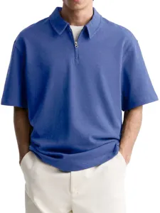 Men's Casual Cotton Blend Polo Shirt Short Sleeve Lapel Zipper Solid Color Loose Fit Business Daily Tops