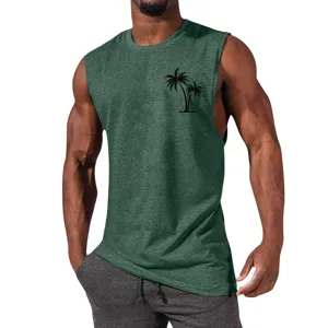 Men's sleeveless tank top, dark green fitness athletic shirt with palm tree print.