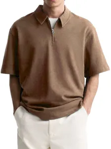 Men's casual short sleeve zip-up polo shirt with lapel collar, comfortable and breathable.