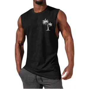 Men's Summer Casual Sleeveless Tank Top Gym Workout Fitness Athletic Shirt with Palm Tree Print