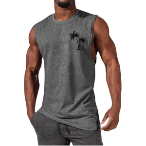 Close-up detail of grey sleeveless muscle tank top featuring a black palm tree chest print.