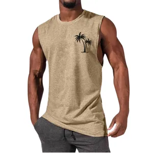 Men's casual sleeveless tank top fitness muscle gym shirt with palm tree print khaki