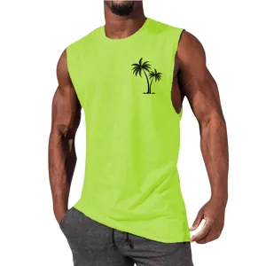 Men neon green muscle tank top featuring a stylish black palm tree print for casual daily wear.