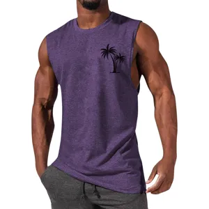 Men purple sleeveless tank top detail, featuring black palm tree graphic and soft fabric.