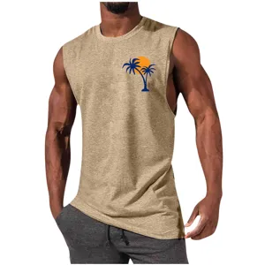 Detailed view of the men's casual sleeveless tank top with tropical palm tree print.