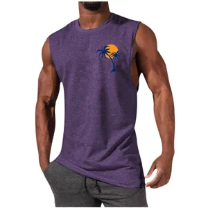 Men's sleeveless tank top with sunset palm tree print, comfortable workout shirt.