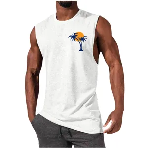 Men's casual sleeveless tank top detail, featuring a stylish sunset palm tree chest print.