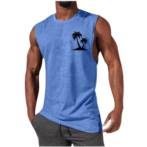 Men's blue sleeveless tank top with black palm tree print for casual summer workout wear.