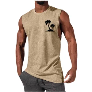 Men's casual muscle tank top with tropical palm tree print, comfortable sleeveless summer shirt.