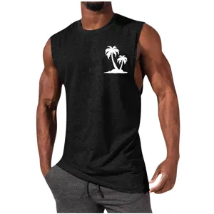 Close-up detail of men's sleeveless tank top with trendy white palm tree graphic print.
