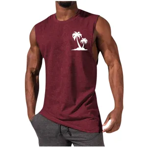 Men's casual sleeveless tank top detail, maroon muscle shirt with white palm tree print graphic.