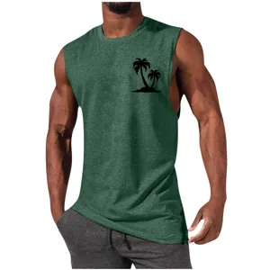 Men's green palm tree print muscle tank top casual gym workout sleeveless shirt detail.