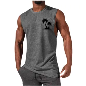 Men's dark gray sleeveless tank top featuring a stylish black palm tree chest print detail.