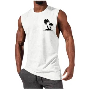 Close-up detail view of the men casual sleeveless tank top with black palm tree graphic print.