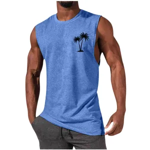 Detail view of mens casual sleeveless tank top with black palm tree chest print design.