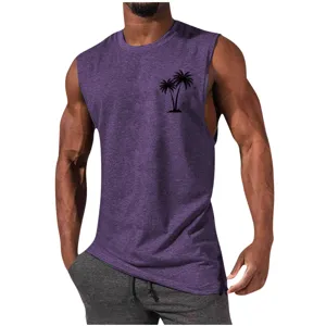 Men's purple muscle tank top featuring a black palm tree print, ideal for sports and casual wear.