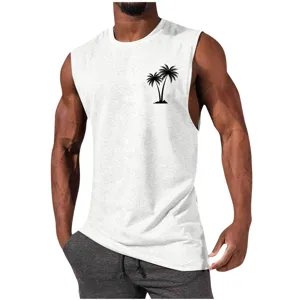 Close-up detail of men white sleeveless tank top featuring black palm tree graphic chest print.