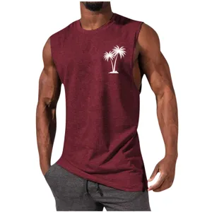 Men's athletic maroon tank top with white palm tree print detail on chest close-up view.