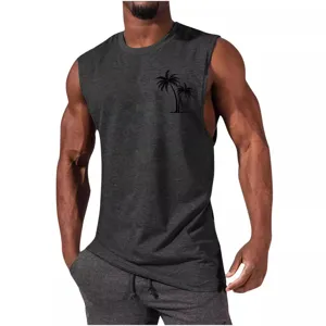 Men's gym sleeveless tank top dark grey palm tree print casual athletic fitness shirt.
