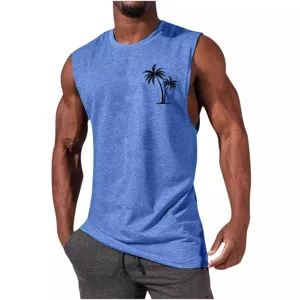 Men's Casual Palm Tree Print Athletic Tank Top Summer Gym Muscle Workout Shirt Blue