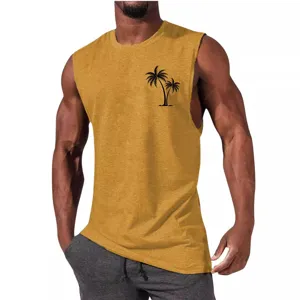 Men's casual sleeveless muscle tank top with black palm tree print yellow fitness shirt
