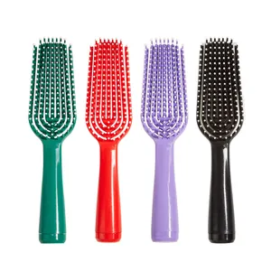 Set of 4 vented detangling hairbrushes in green, red, purple, and black with massaging beads.
