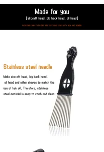 Stainless steel teeth hair pick comb with fist handle for afro hair styling and grooming.