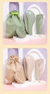 Détail de l'ensemble de peignes à cheveux en paille de blé, brosse de massage et pochette.