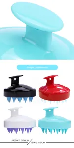 Vue detaillee de la brosse de massage du cuir chevelu avec plusieurs options de couleur.