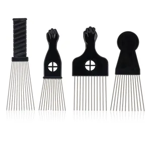 Metal teeth afro hair pick comb set 4 pieces black wide tooth barber styling tools