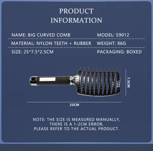 Grande brosse de massage capillaire incurvée en nylon et caoutchouc, 25x7.5cm, en boîte.