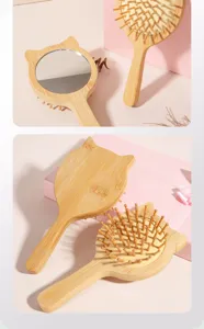 Brosse à cheveux chat en bambou avec miroir, brosse de massage mignonne pour femmes.