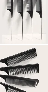 Professional black metal tail comb set for hair styling, precise parting and salon use.