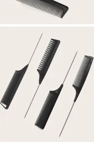 Professional black carbon fiber tail combs with steel pins for hair styling and parting.