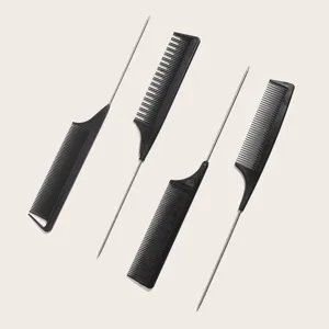 Professional black steel pin tail comb set for hair styling, parting, and sectioning.