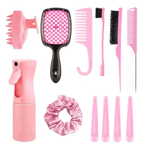 Set de herramientas de peluquería rosas con botella spray, cepillo, peines y pinzas para salón.