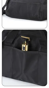 Detail view of professional barber backpack, multi-pocket tool storage bag for hairdressers.